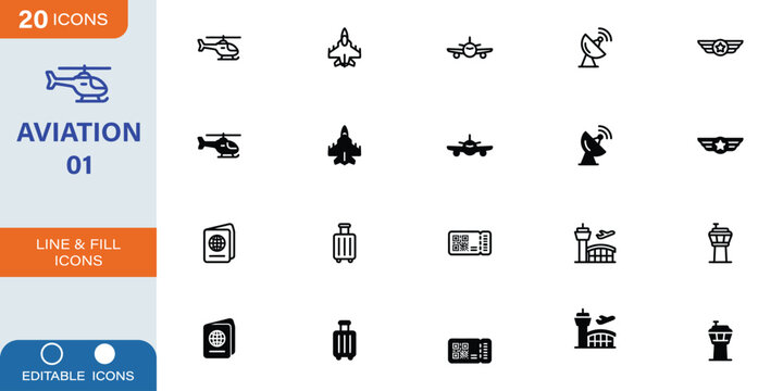 Aviation and airport travel line and fill icon set including helicopter, fighter jet, airplane, radar, pilot badge, passport, luggage suitcase, boarding pass, and terminal tower vector illustration.