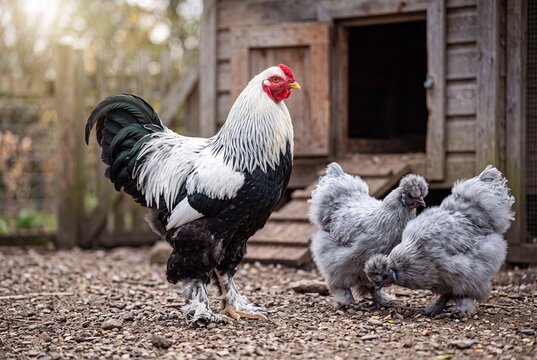 A majestic rooster standing with two fluffy silkie chickens in front of a wooden coop in a farmyard