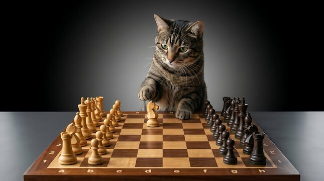 Playful tabby cat sitting at a wooden chess board with pieces, contemplating next move, dark background, strategic game concept