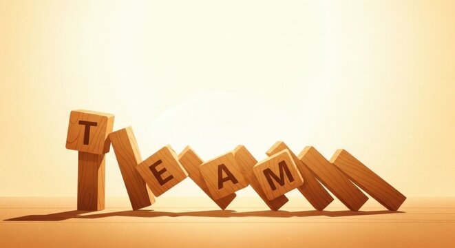 Wooden Blocks Spell TEAM Falling Down in Domino Effect.