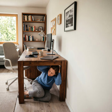 earthquake drill drop cover hold on adult protecting head under sturdy desk in modern home office emergency preparedness safety with copy space