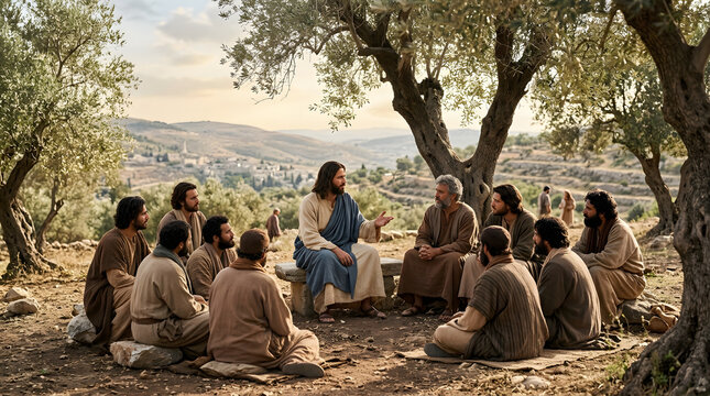 Jesus teaching his apostles in a serene outdoor landscape