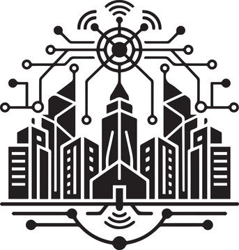 Smart City Skyline with Digital Circuit Network Vector Icon