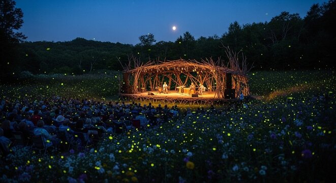 Live Music Performance Under Moonlit Sky with Fireflies