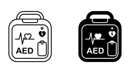 AED Device Icons: A set of minimalist icons representing an Automated External Defibrillator (AED), including a line drawing and a silhouette, conveying its vital role in emergency medical care. © abidakhatun
