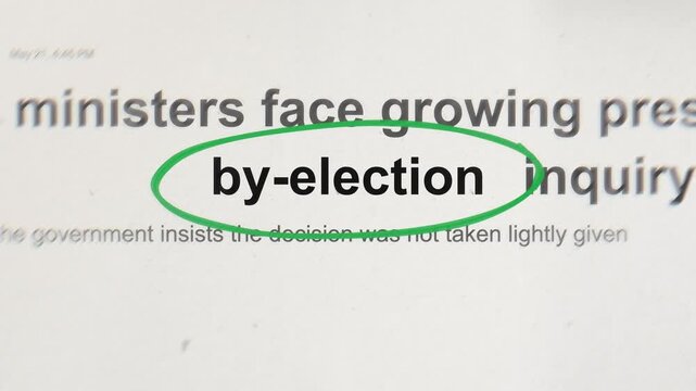 Government politics news article background with highlighted by-election text headline focusing on parliament vote and policy debate