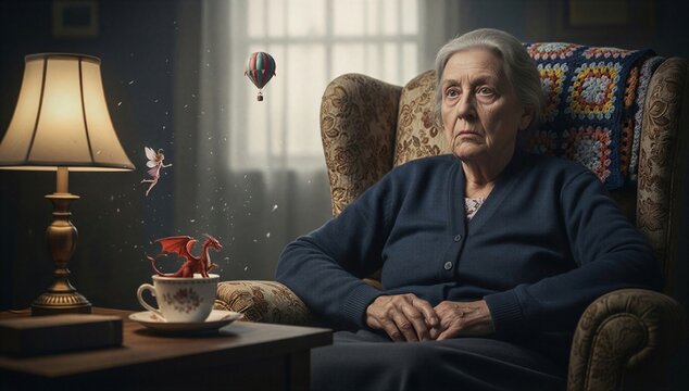 Elderly woman in armchair seeing fairy, dragon, and balloon, illustrating charles bonnet syndrome with visual hallucination.