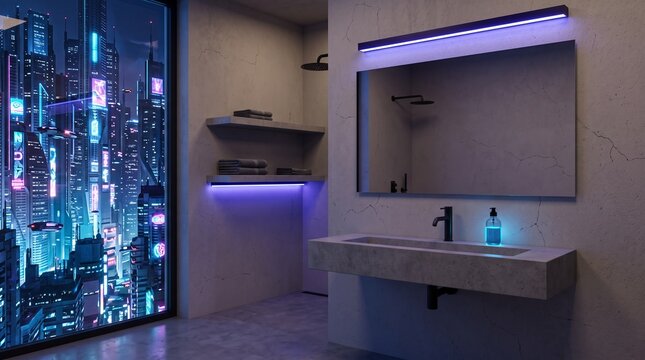 Futuristic cyberpunk bathroom interior with concrete wall, neon led lighting, and sci fi city view window