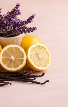Fresh lemons with vanilla beans and lavender sprigs on a light background