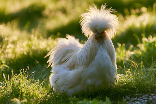 Holand Polish Chickens in Heritage Breeds on Grass in the Sunlight, Poultry Farming Illustrates Sustainable Agriculture and Ethical Animal Husbandry Practices