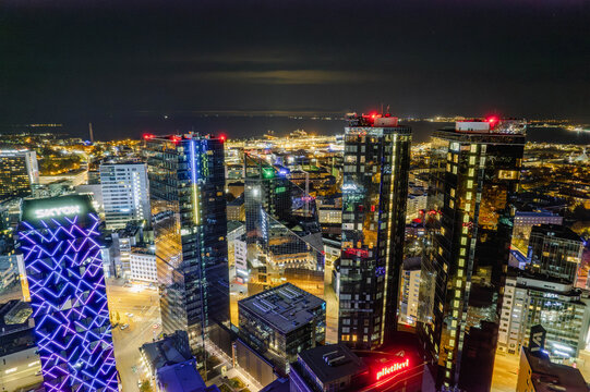 Aerial View of Modern City Skyscrapers at Night