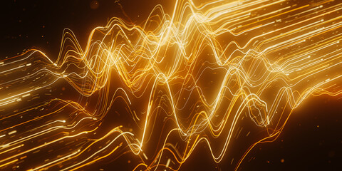 Golden oscillating light trail in abstract 3D quantum data visualization with magic particles. © garrykillian