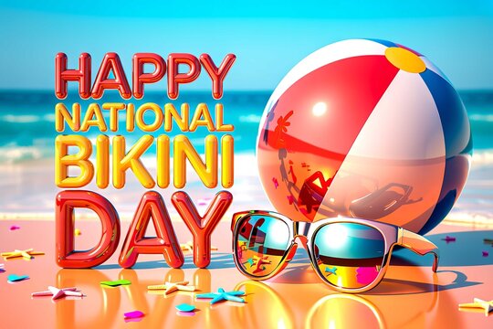 Bright colorful beach ball and stylish sunglasses celebrating national bikini day on a sunny tropical shore