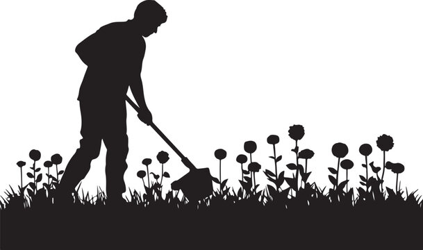 Silhouette of a man digging in a garden with flowers