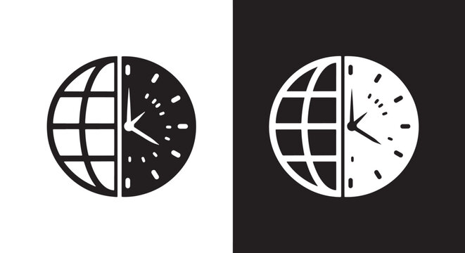 clock time icon set flat design vector illustration: Clipart, sticker - icon set - Line and glyph solid icon and logo template 