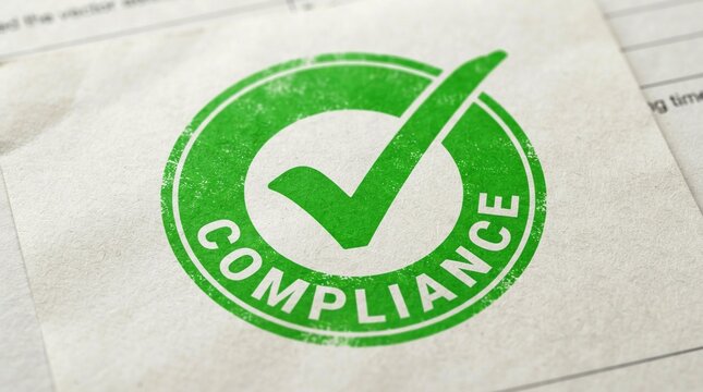 Bright green rubber stamp with a bold check mark and the word compliance printed on a textured white paper document background in high resolution detail