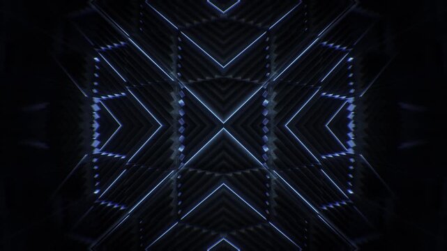 A dark futuristic background loop featuring acoustic tech style panels that move and spin in a random motion.
