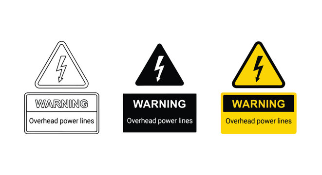 Overhead power lines warning sign set: Clipart, sticker - icon set - Line and glyph solid icon and logo template 