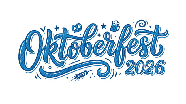 Oktoberfest 2026 logo with blue cursive text and festive design elements on a white background