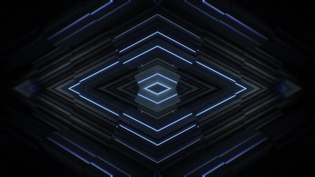 A dark futuristic background loop featuring acoustic tech style panels that move and spin in a random motion.
