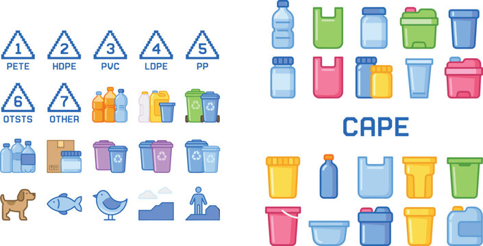 Plastic recycling code and waste management icon set featuring resin identification numbers plastic bottles bags containers bins and environmental ecology symbols