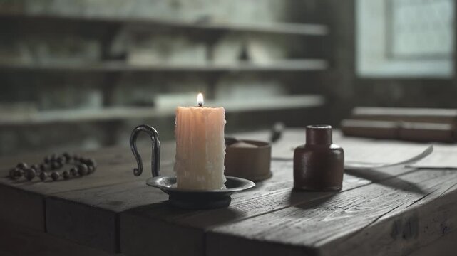 Handwritten parchment page on a rough table next to a lit candle, a ceramic inkpot and prayer beads, against a blurred background of scrolls inside a monastic scriptorium