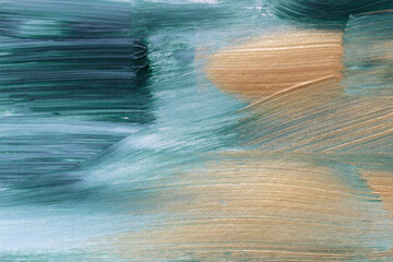 Elegant emerald green abstract acrylic background featuring expressive gold brush strokes and rich painterly texture. Modern luxury backdrop ideal for branding, packaging, editorial design and premium © Natallia Leanovich