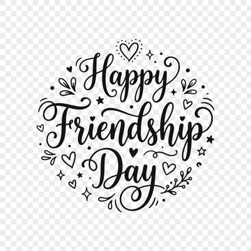 Happy Friendship Day hand-lettered typography design with decorative elements and hearts