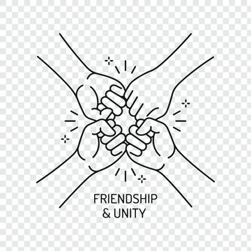 Friendship and unity fist bump hands line art vector icon for team building