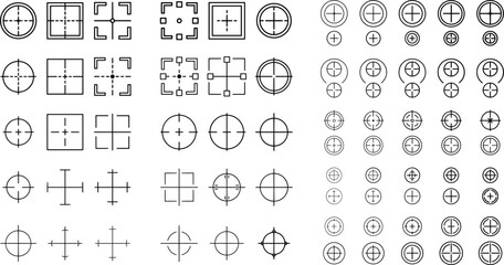 Target crosshair and sniper scope line icon set featuring tactical weapon aiming reticles shooting range focus points and military radar interface elements © Parvin