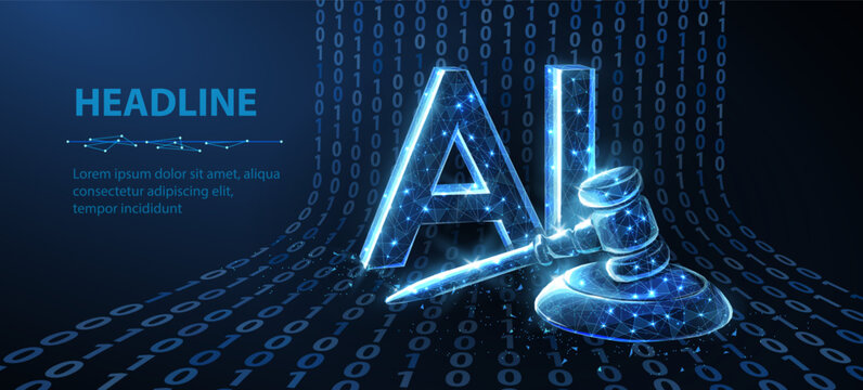 AI and law. Symbolizing the judicial law system and artificial intelligence, this image represents the intersection of jurisprudence and the prohibition or ban of AI. Abstract 3d digital concept