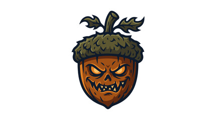 A cartoonish illustration of a spooky pumpkin with a menacing face and a green acorn hat on a white background for 20260701 (60).ai © Udindin