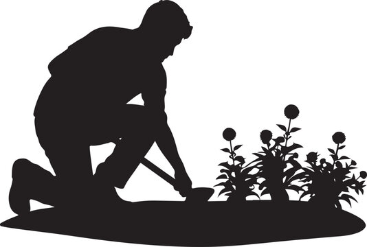Silhouette of a man kneeling, digging in a garden with person