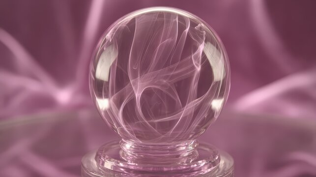 Mystic Orb of Cosmic Energy: A luminous, transparent orb, pulsing with ethereal, swirling pink energies, rests on an ornate base, hinting at untold secrets and future visions.
