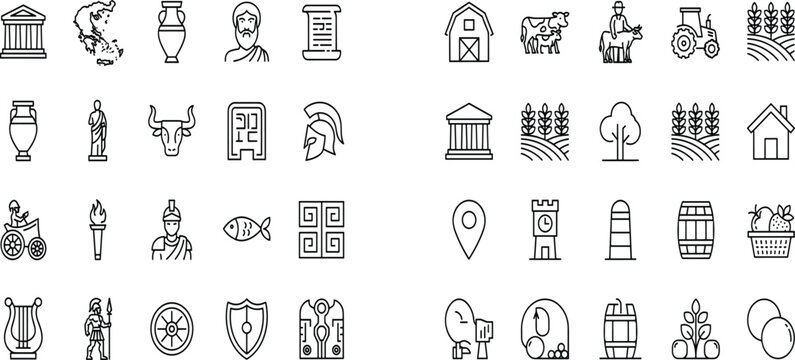 Ancient Greece mythology and rural agriculture line icon set featuring greek temple soldier helmet lyre amphora barn tractor wheat fields and farm animals