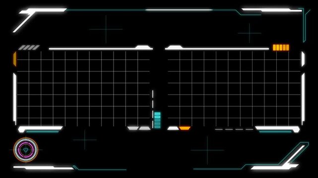 Futuristic HUD with dual display grids, animated glowing frame, reactor display, network lines, flickering UI indicators and digital interface for technology and sci-fi videos.