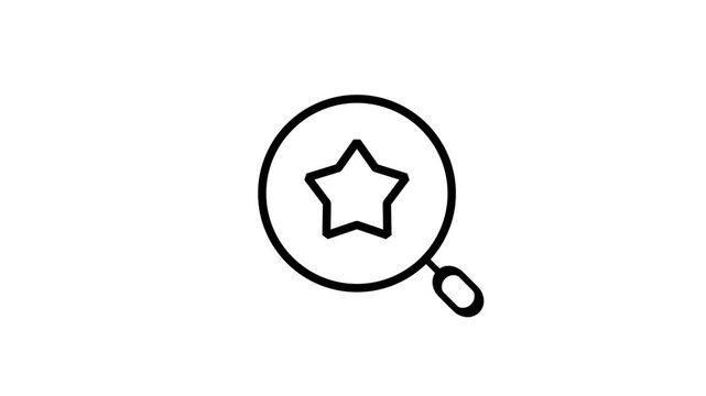 Search Favorites and Quality Rating Discovery Animated Icon. Linear animated icon showing magnifying glass searching for star, representing high quality selection, favorite asset finding, and rating.