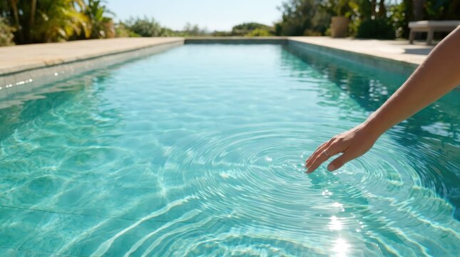 Woman hand touching water in backyard swimming pool. Ripples spreading on blue surface. Refreshing summer vacation activity at home. Leisure lifestyle and relaxation recreation concept.