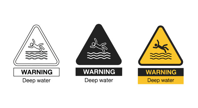 Warning deep water sign vector icon set: Icon set - Minimalist, flat icon, outline, glyph, linear, clipart, sticker 