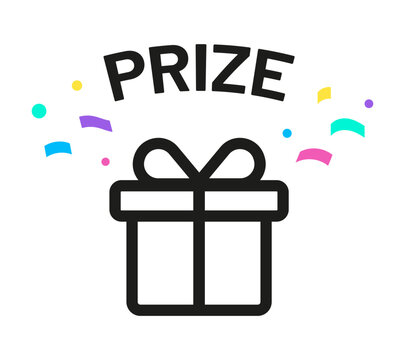 Prize gift box icon with colorful confetti and festive lettering. Vector illustration for giveaway, reward, raffle, lottery, celebration, bonus, promotion, winning announcement and party design.