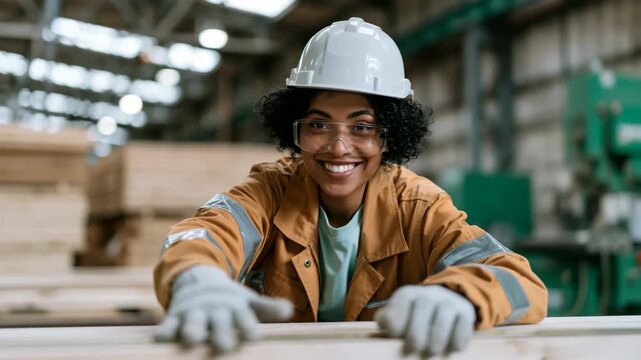 Young female factory worker measuring lumber in warehouse