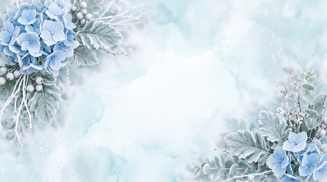 Light blue hydrangea floral background, elegant watercolor flower frame with copy space, soft pastel winter wedding invitation backdrop