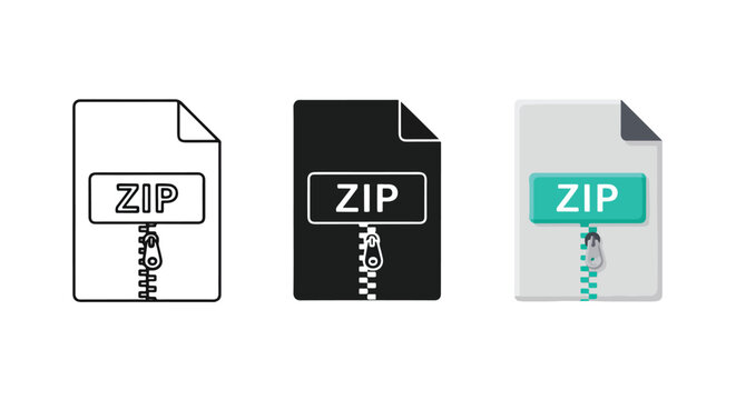 Zip file folder vector icon set: Icon set - Minimalist, flat icon, outline, glyph, linear, clipart, sticker 