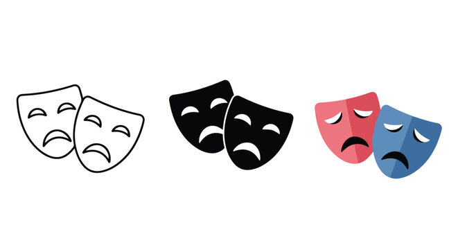 Drama theater comedy tragedy mask icons: Clipart, sticker - icon set - Line and glyph solid icon and logo template 