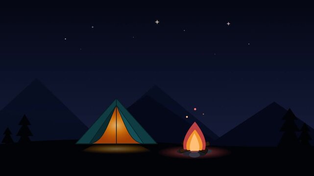 Animated camping scene at night with illuminated tent and flickering campfire under a star-filled sky in the mountains, flat design illustration.