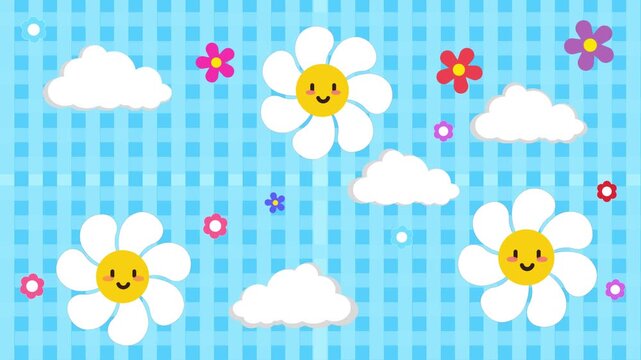 Delightful cute groovy daisy flowers face smiling and popped flowers on gingham pattern background. Whimsical retro Y2K, 70s groovy cartoon smile emoji, animated footage motion graphic loop design.