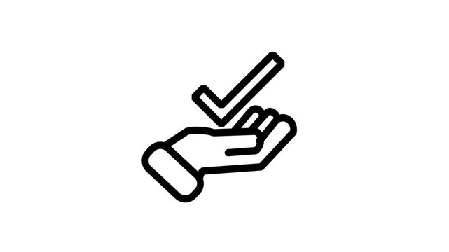 Animated Hand Holding Check Mark Icon. Animated human hand holding a check mark icon representing business solution guaranteed success approved task completion and quality assurance.