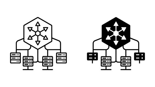 Network Switch Icons: A graphic representation of network switches connecting multiple devices, symbolizing data flow and connectivity. Includes both outline and solid black icons.