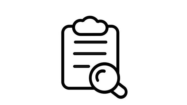 Animated Clipboard and Magnifying Glass Icon. Animated clipboard document with a magnifying glass representing business audit data checklist research and internal corporate compliance review.