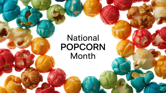 Colorful popcorn kernels arranged in a circular frame around text celebrating National Popcorn Month